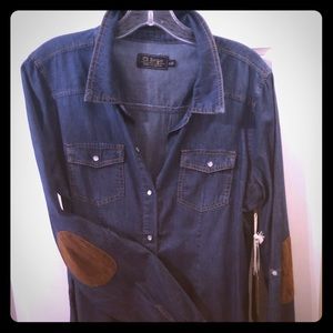 Denim shirt with suede elbow patches